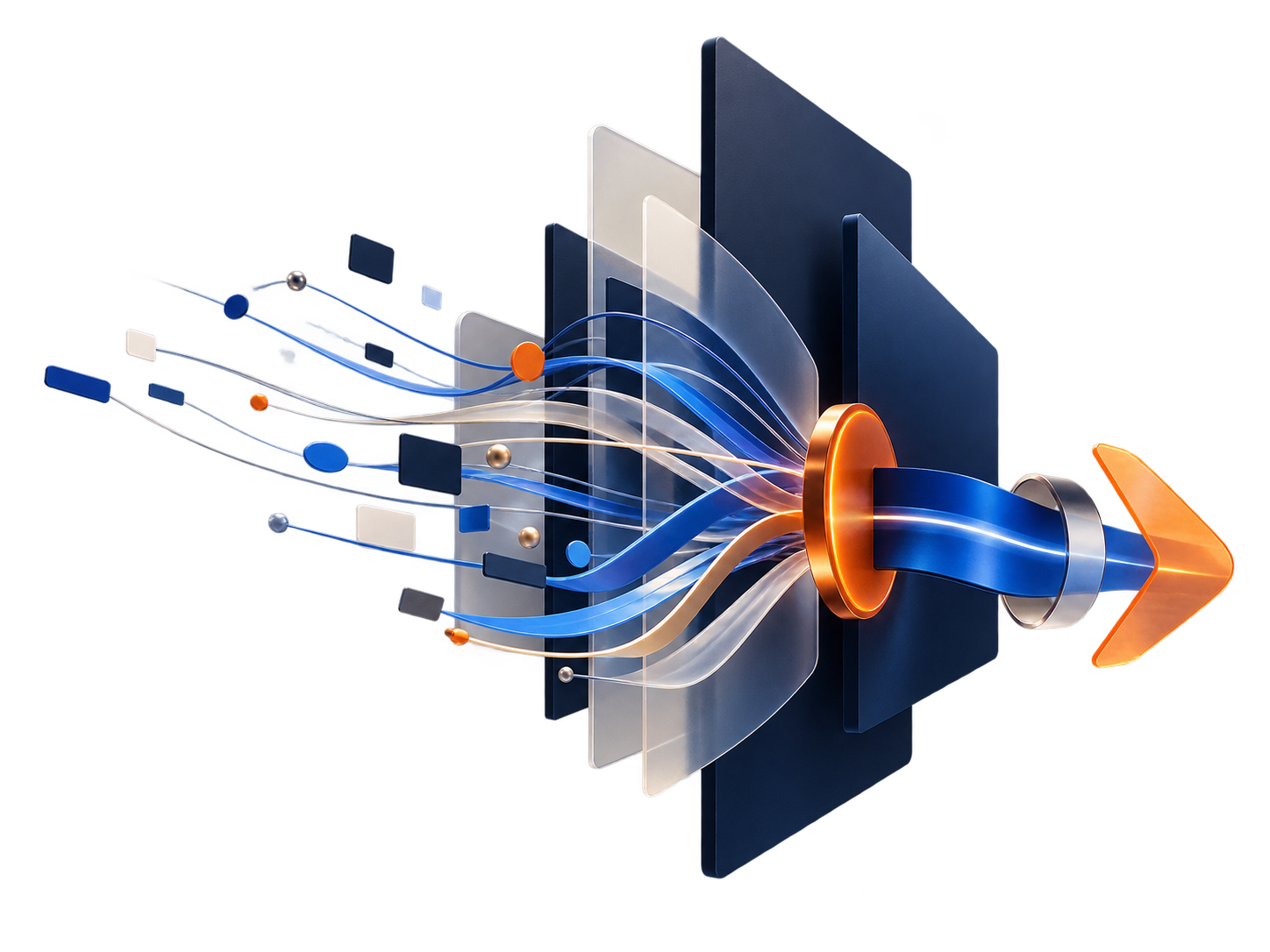 Abstract campaign signals moving through review layers into one controlled decision path.